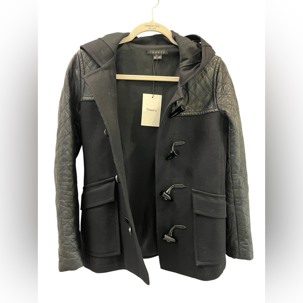 Theory NWT Hooded Marimba Wool Coat with Leather Sleeves Size Small - Picture 6 of 16